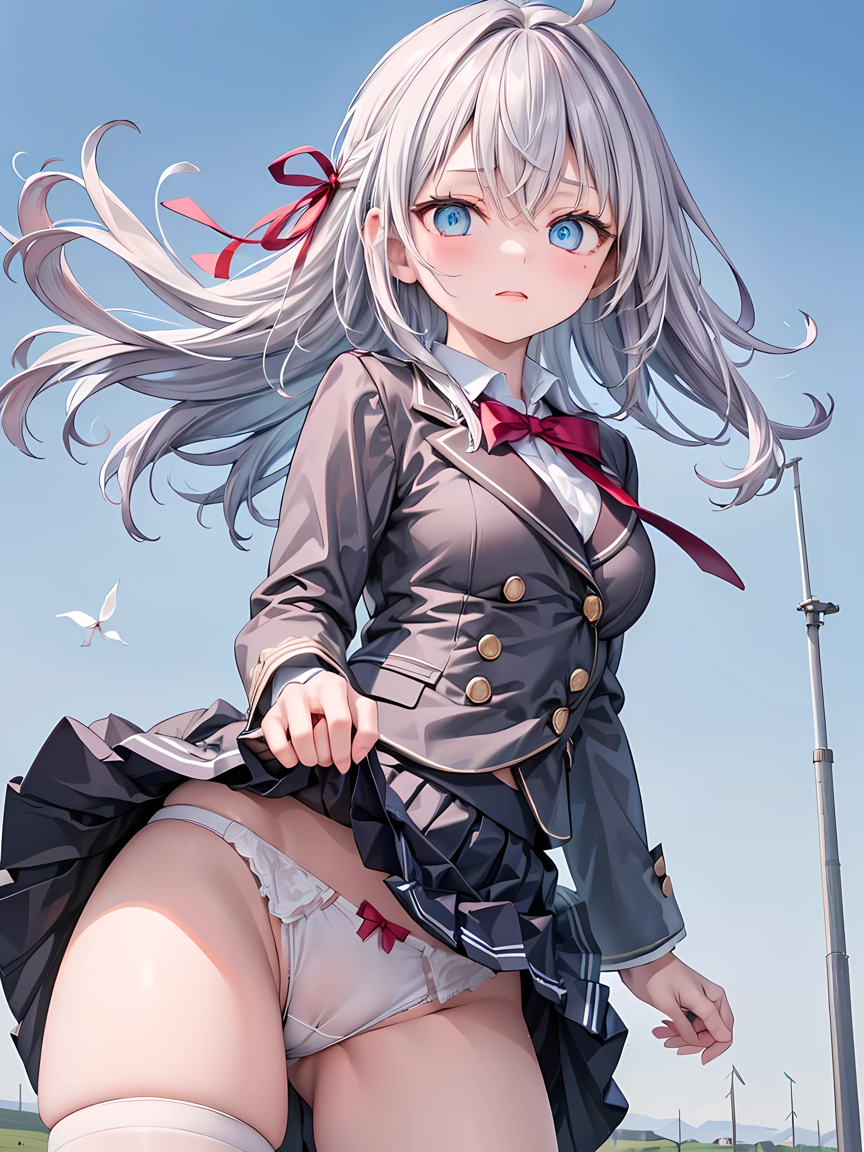 masterpiece, (realistic, photo realistic:1.2), ((highest quality), extremely fine and beautiful, beautiful face details, real human skin, realistic, photorealistic, cowboy shot, Alisa Mikhailovna Kujou, ahoge, long hair, grey hair, hair intakes, hair ribbon, red ribbon, sidelocks, hair between eyes, bangs, blue eyes, school uniform, grey jacket, cropped jacket, blazer, open jacket, open clothes, wing collar, red bowtie, collared shirt, white shirt, medium breasts, long sleeves, black dress, pleated dress, double-breasted, zettai ryouiki, white thighhighs, White underwear, (wind, wind lift, Skirt lifted by the wind, skirt rolled up by the wind, Skirt flutters:1.5), (Fully exposed panties:1.5), (white panties:1.5), (standing :1.2)