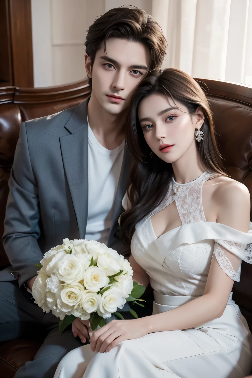 Modern. Russian coupe. A man (mature) and beautiful girl . elegant couple. Casual wear. Dark hair color. Very deatiled face. pretty eyes (perfect eyes). 8K resolution. Masterpiece, love, glowing light. Look at the viewer. white petals. Bright color.