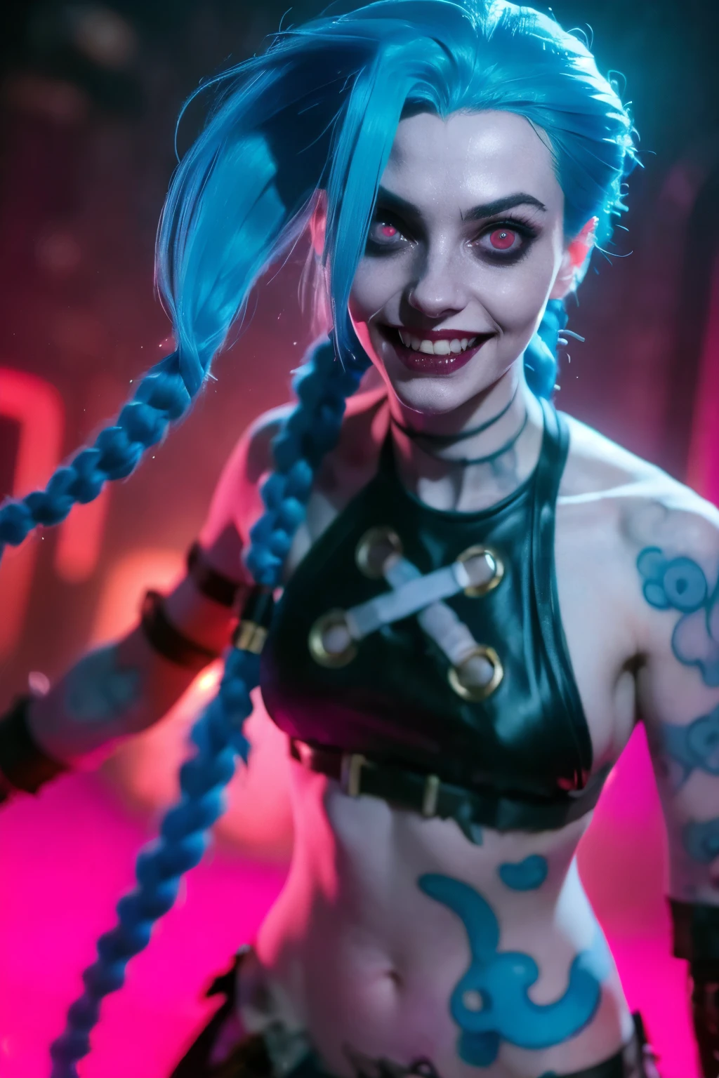 Hyper realistic super detailed Jinx cosplay ,(( ***** girl, ************)) , Very detailed, (hyper realistic: 1.4), ((in dynamic fight pose)) , attack, ((angry face)) , twin braids, long hair, blue hair, red eyes, (((blue tattoo on arm))) , ((skinny body)) , (((psycho face, creppy smiling) )), arcane style. ((Grunge Neon grafitti background, cinematic lighting)).