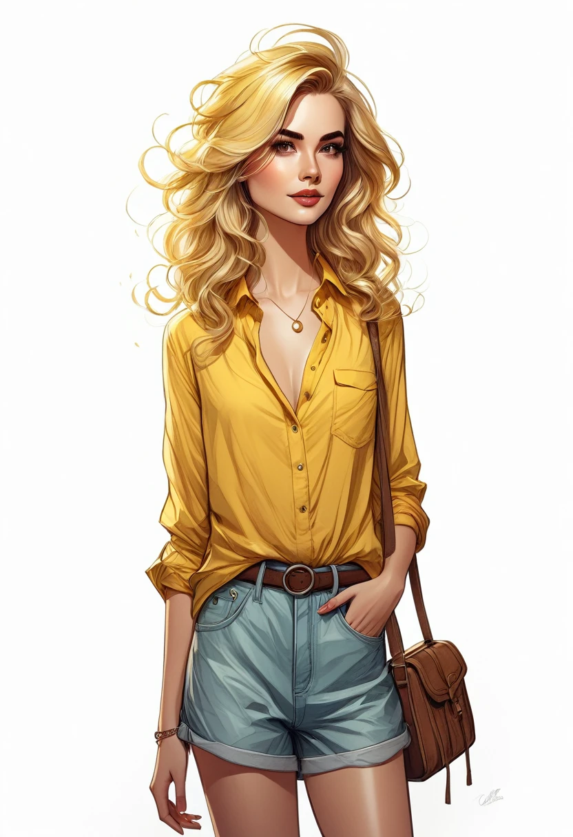 a woman with blond hair and a yellow shirt is standing, in digital illustration style, cartoon style illustration, trends in art, no art style by bowater, highly detailed character design, style of charlie bowater, Beautiful drawing style, Charlie Bowater art style, stunning art style, colorful illustration, detailed fashion illustration, yellow theme wavy hair