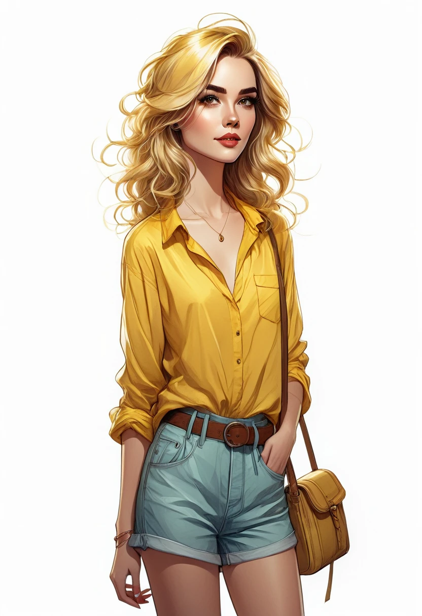 a woman with blond hair and a yellow shirt is standing, in digital illustration style, cartoon style illustration, trends in art, no art style by bowater, highly detailed character design, style of charlie bowater, Beautiful drawing style, Charlie Bowater art style, stunning art style, colorful illustration, detailed fashion illustration, yellow theme wavy hair