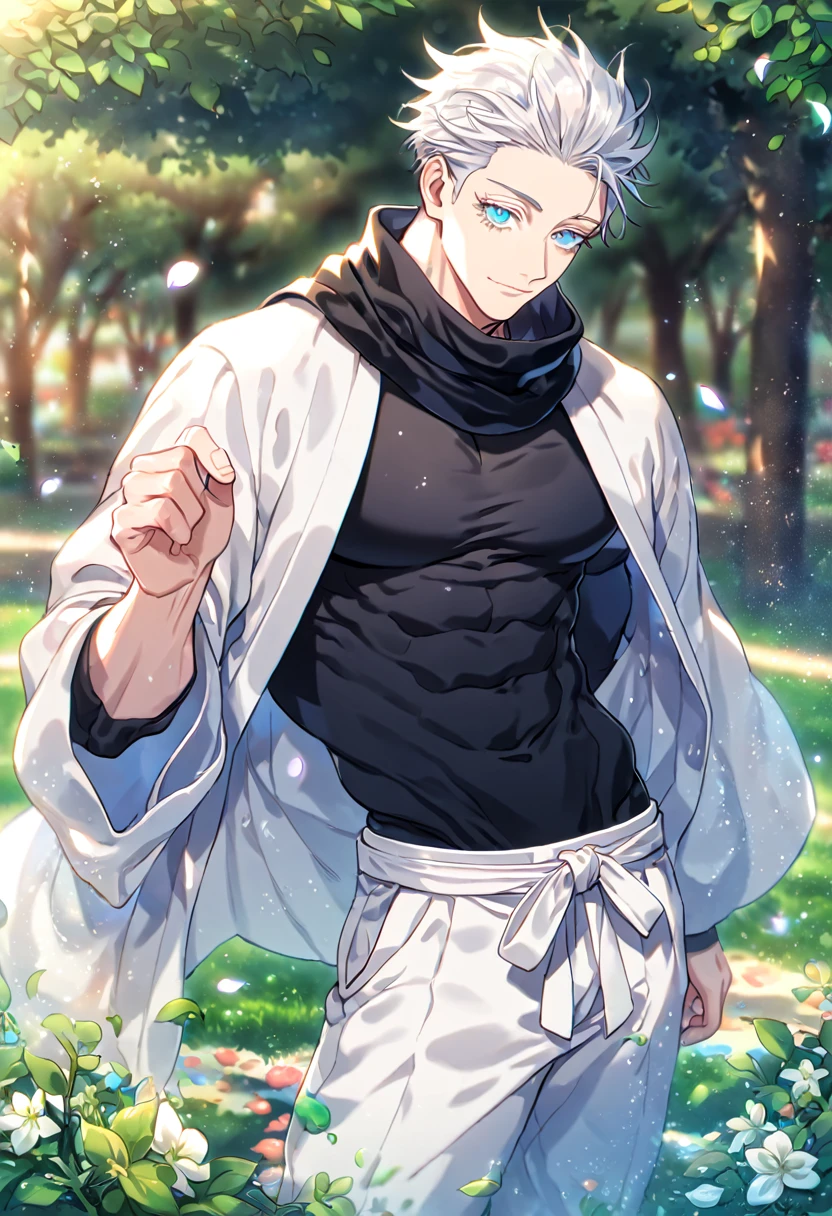 Ultra detailed, HDR, Highres, absurdres, master piece, Gojou Satoru, white hair with bangs, slicked back hair, white eyelashes, expressive blue eyes, black scarf, black tight shirt, white haori, white baggy pants, Jujutsu Kaisen, sexy man, handsome, flowers, petals, park, green leaves, summer, handsome, sensual, best quality, glittering, solo, manly man, water,