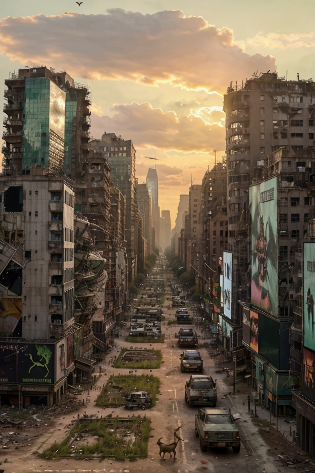 post apocalyptic times square with its ruined buildings and green vegetation growing everywhere with some deer running free, at sunset with pigeons flying over the ruins of buildings
