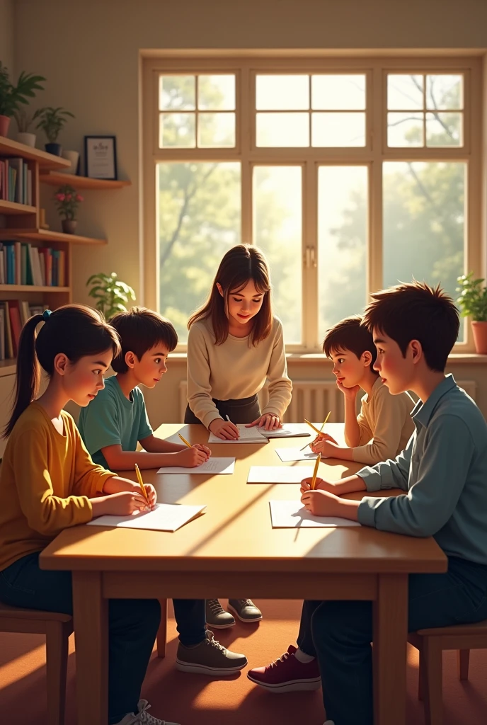 Students studying with their teacher on common table