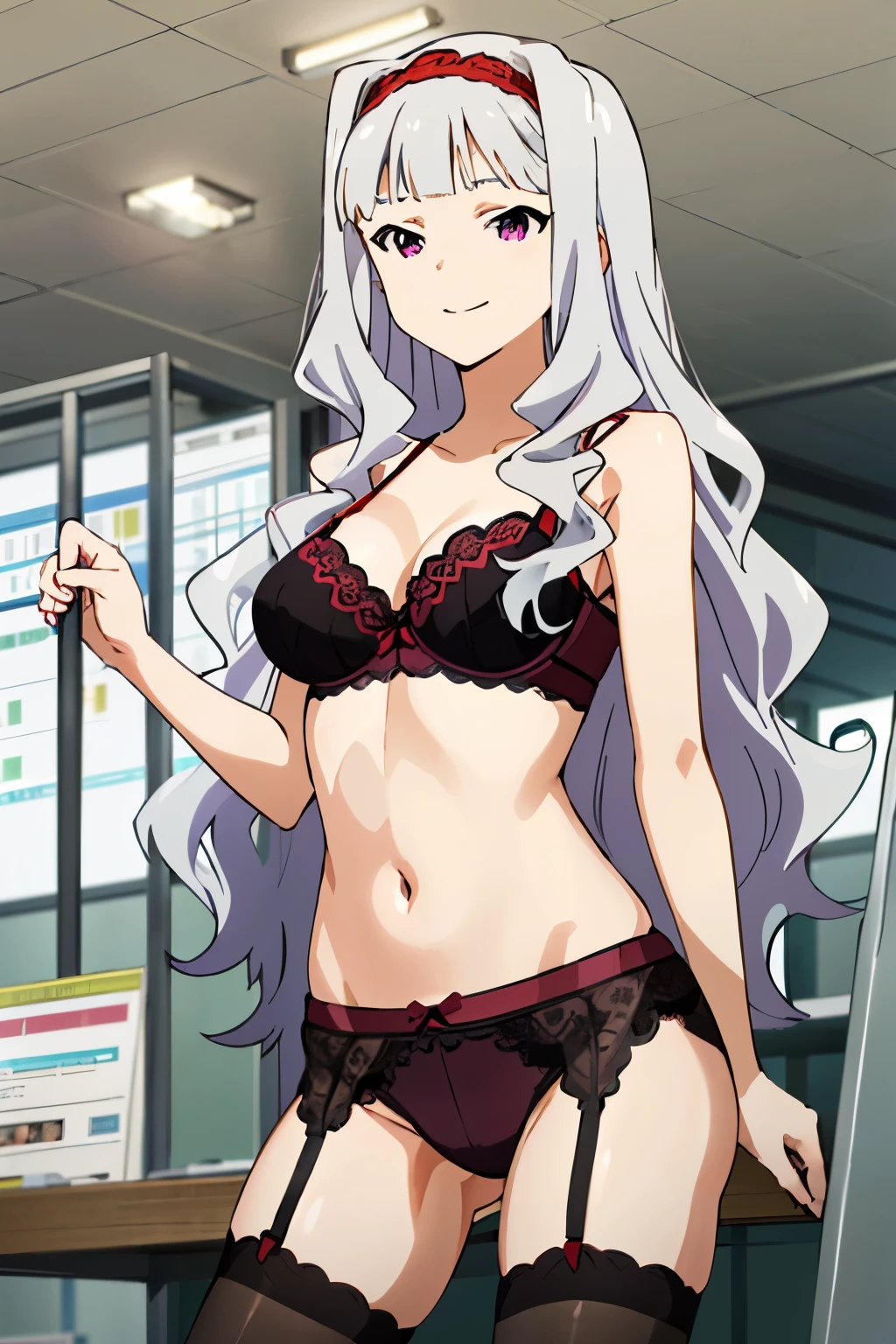 (masterpiece)、(Highest quality), (Takane Shijou) One Girl, purple eyes, Beautiful Eyes, Gray Hair, long hair, hairband, (red and black Lace bra), (red and black Lace panties)、smile、Black Stocking, standing, Spread  legs, Cowboy Shot, indoors