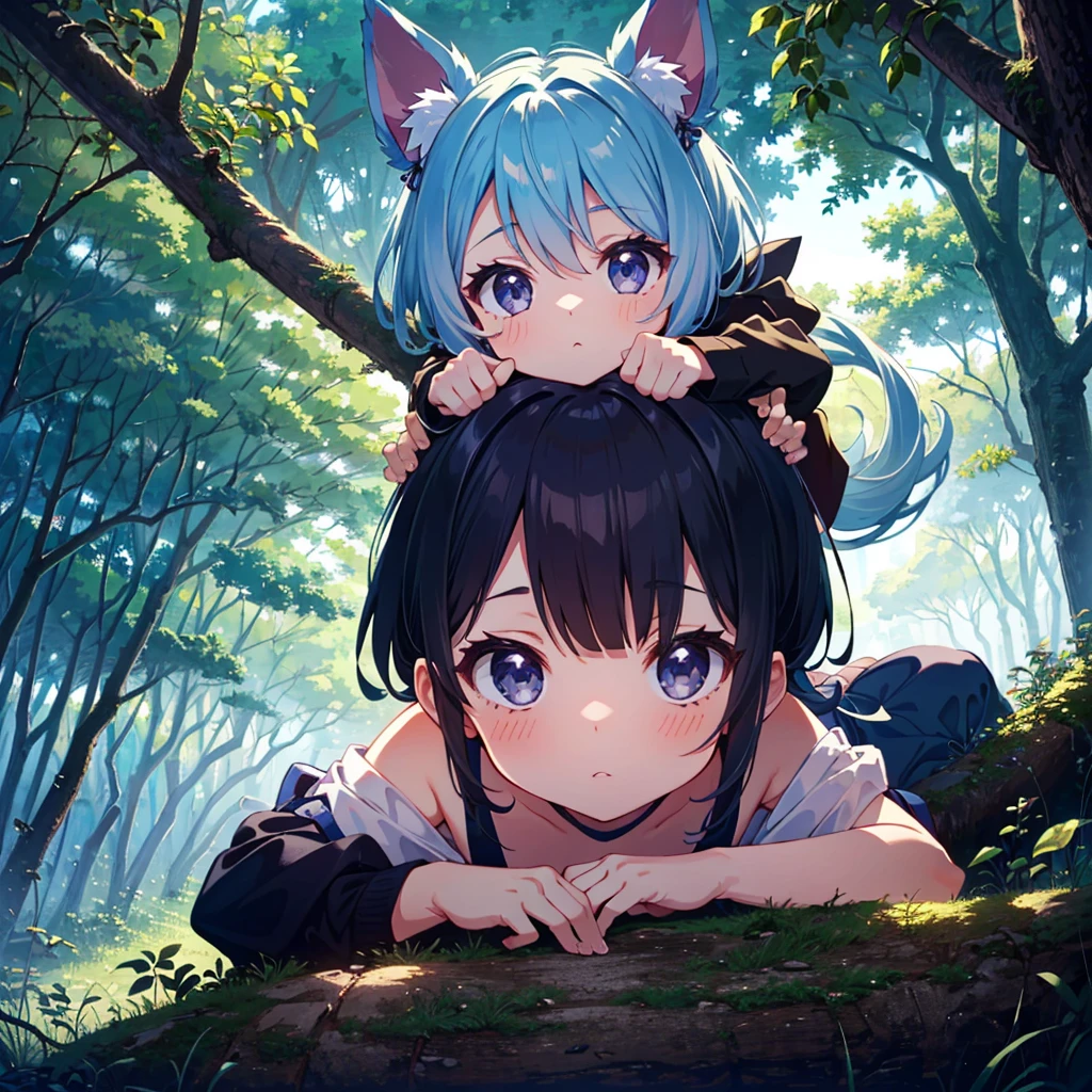 a girl completely entangled in the spider's web, laying down, blindfold, dark forest setting, looking at viewer, Blonde Hair, Very Long Hair, Blue Hair, Twintails, Brown Hair, Large breasts, Cat Ears, Earrings, Blush, Closed Mouth, Hair Ornament, Maid Headdress, Anime, spiders in web, fear in her eyes