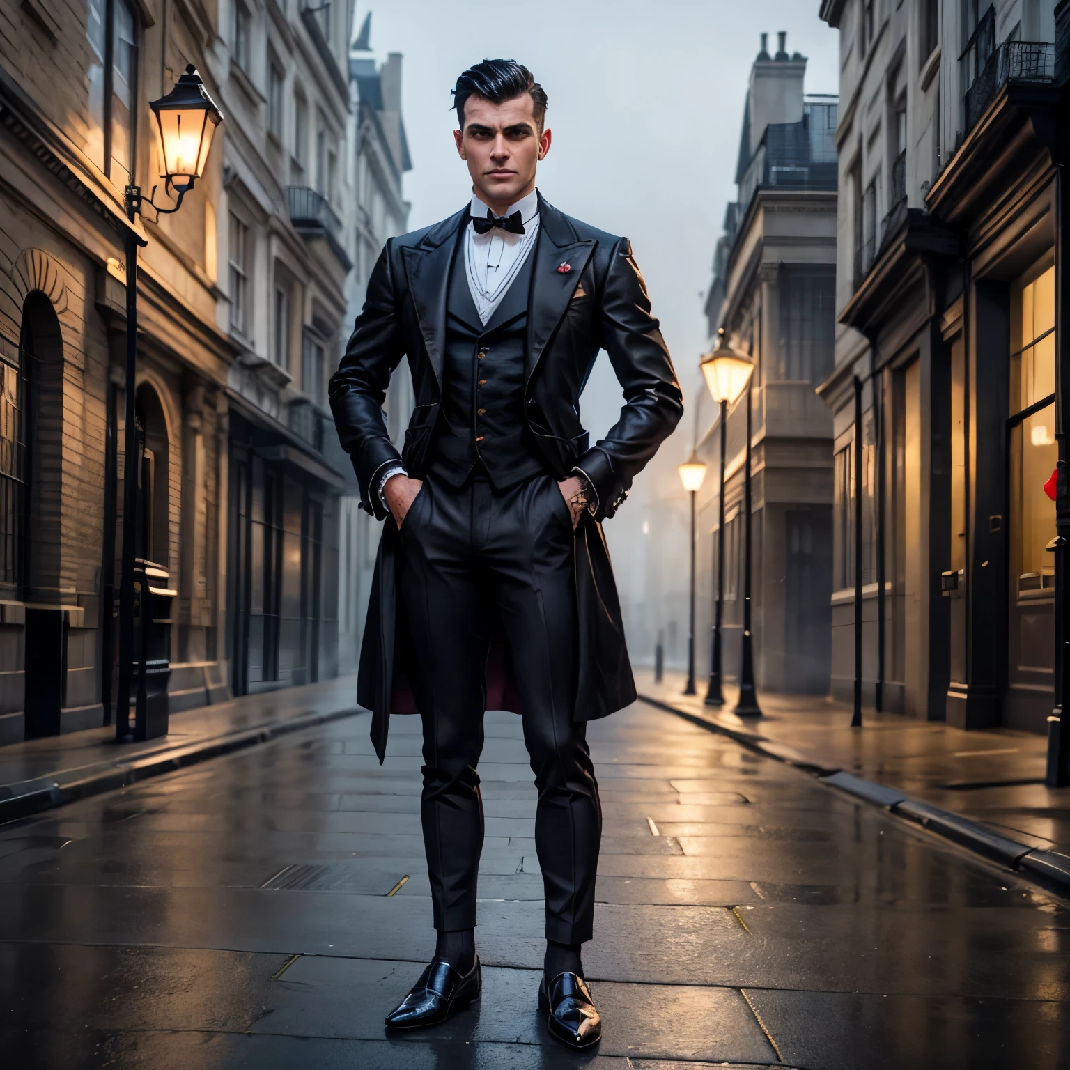 full body view, a stunnig white european male attractive vampire with a victorian dapper attire, classic clean shaved preppy haircut of his dark hair, ruby rings, fine elegant shoes, black thin silk socks, he watches in a deserted street in London for a foggy night. he watches in a deserted street in London on a foggy night, we see his sharp canines