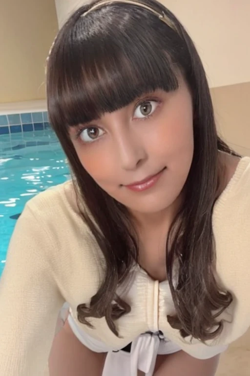 A gorgeous woman in a white underwear, skinny with a healthy, perfect body, defined abs, and gold hair. She is standing in a rainy night pool room, her wet body glistening. Her face is ultra-detailed, with beautiful eyes, lips, and double eyelids. She has a shy smile and trimmed bangs, with black skin and a hint of pubic hair. (best quality, 8k, masterpiece:1.3), frontal and full-body shot, pussy line, front facing and open legs.