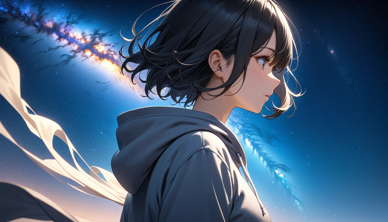 Starry Sky、milky way、A woman at the center、Black Hair、Short Hair、Hair blowing in the wind、profile、Wearing a hoodie、Back view、Upper Body、Low - Angle