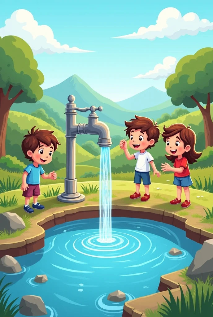 Cartoon showing how to take care of water, Visually beautiful and easy to understand for 8 year olds. Showing several children saving water from a tap. 