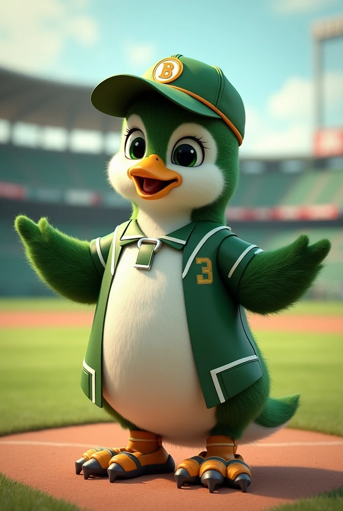 The baseball coach is a cute green penguin