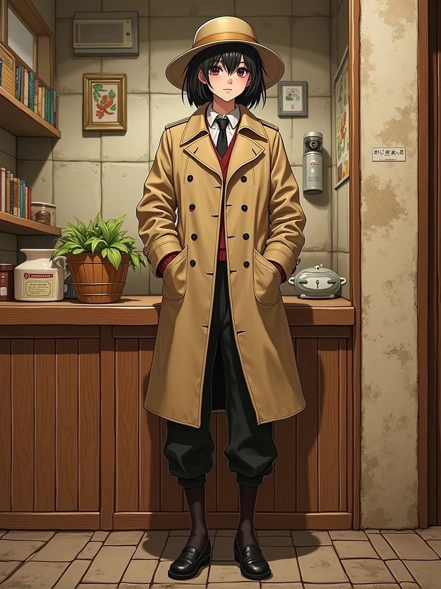 2D、masterpiece、Highest quality、Highly detailed eyes、Highly detailed face、1 girl、solo、standing、Black trench coat、Banya、length、uniform、hat、Black eyes、straight face、straight、Hello、Black Hair、Full Body Lesbian