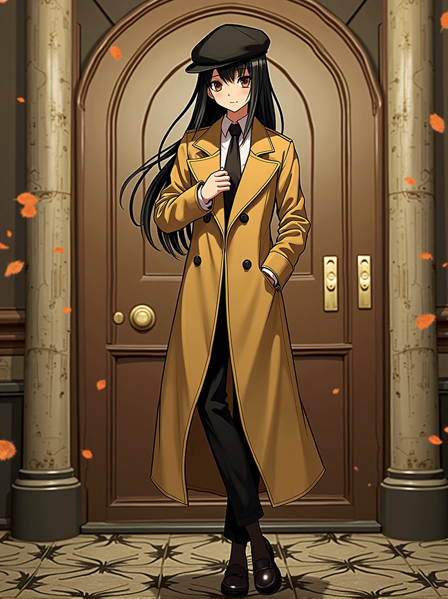 2D、masterpiece、Highest quality、Highly detailed eyes、Highly detailed face、1 girl、solo、standing、Black trench coat、Banya、length、uniform、hat、Black eyes、straight face、straight、Hello、Black Hair、Full Body Lesbian