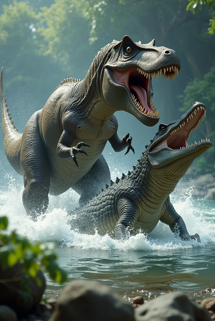 Muscular T rex fighting with a muscular crocodile in the water
