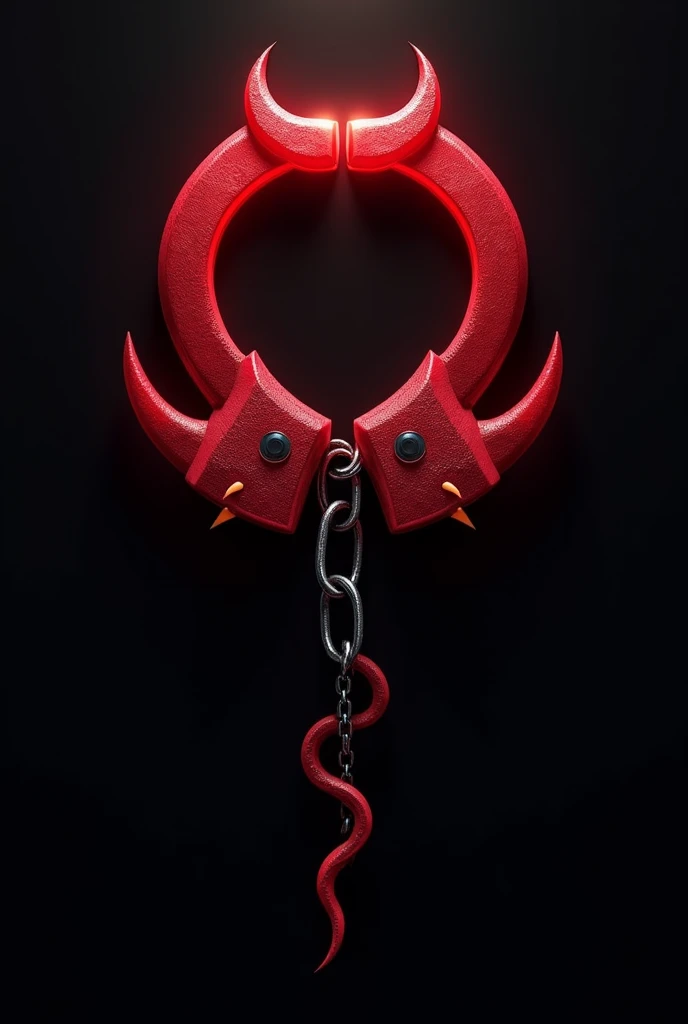 (logo design) evil logo, a striking red handcuff, adorned with sharp, menacing demon horns, and a sinuous chain tail extending from the base, dynamic and bold, emphasizing a dark theme, glossy finish, high-resolution, creating an impression of malevolence and power.