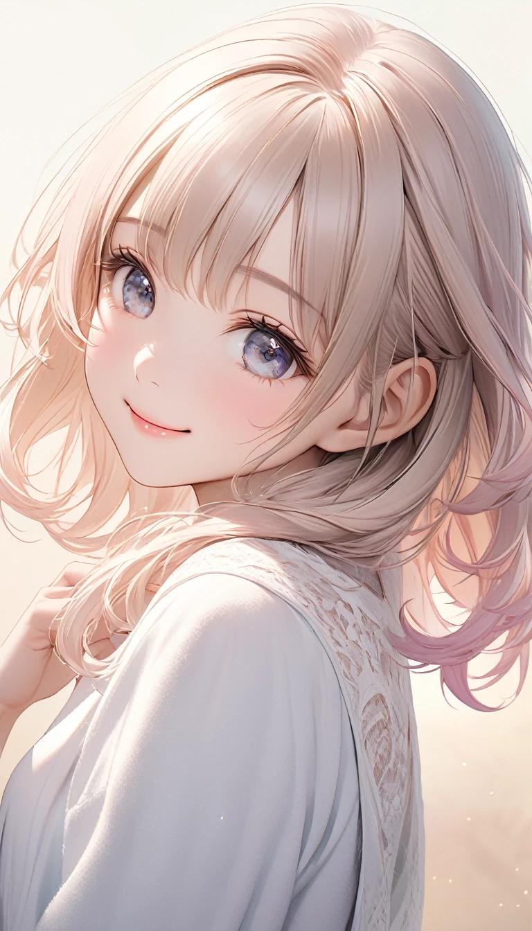 Cute beautiful woman, smile, shy, light makeup, great proportion, Gentle background color scheme, Soft, fluffy and calming effect, Shading Effects, Gradient Magic Effect, (Super detailed, The absolute solution, Highest quality:1.3), 2.5D, delicate and dynamic, Artistic photography, Ultra-realistic, Graphics CG Digital Art