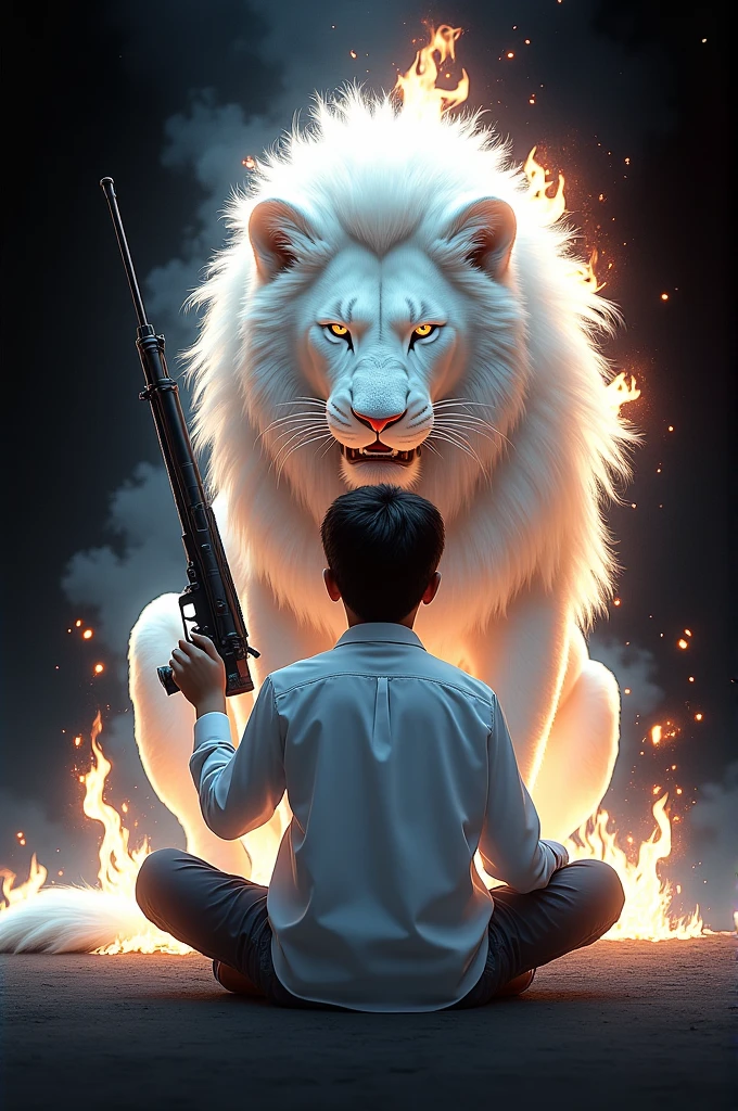A 18 year boy seating with burning white lion with gun and boy wearing white shirt and the background color is black with the font of "ANKUSH"in RGB color 