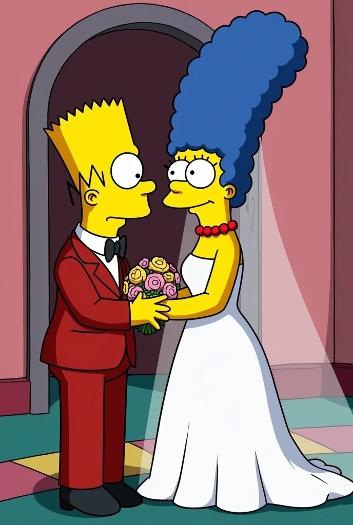 bart simpson, gala suit, getting married, marge simpson, wedding dress