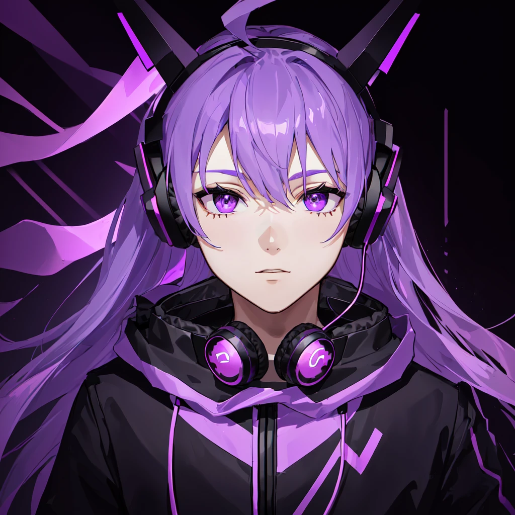 arafed man with headphones on his neck and a purple background, headphones dj rave, wearing purple headphones, twitch streamer / gamer ludwig, halfbody headshot, headshot profile picture, dadaist, twitch streamer, discord profile picture, profile picture 1024px, with head phones, make it with black and deamon horns on head black eyes