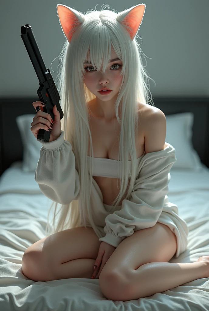 Human girl, have cat ears, white long hair, white skin, use very short skirt, use stocking, sitting on bed, leg opened, holding gun