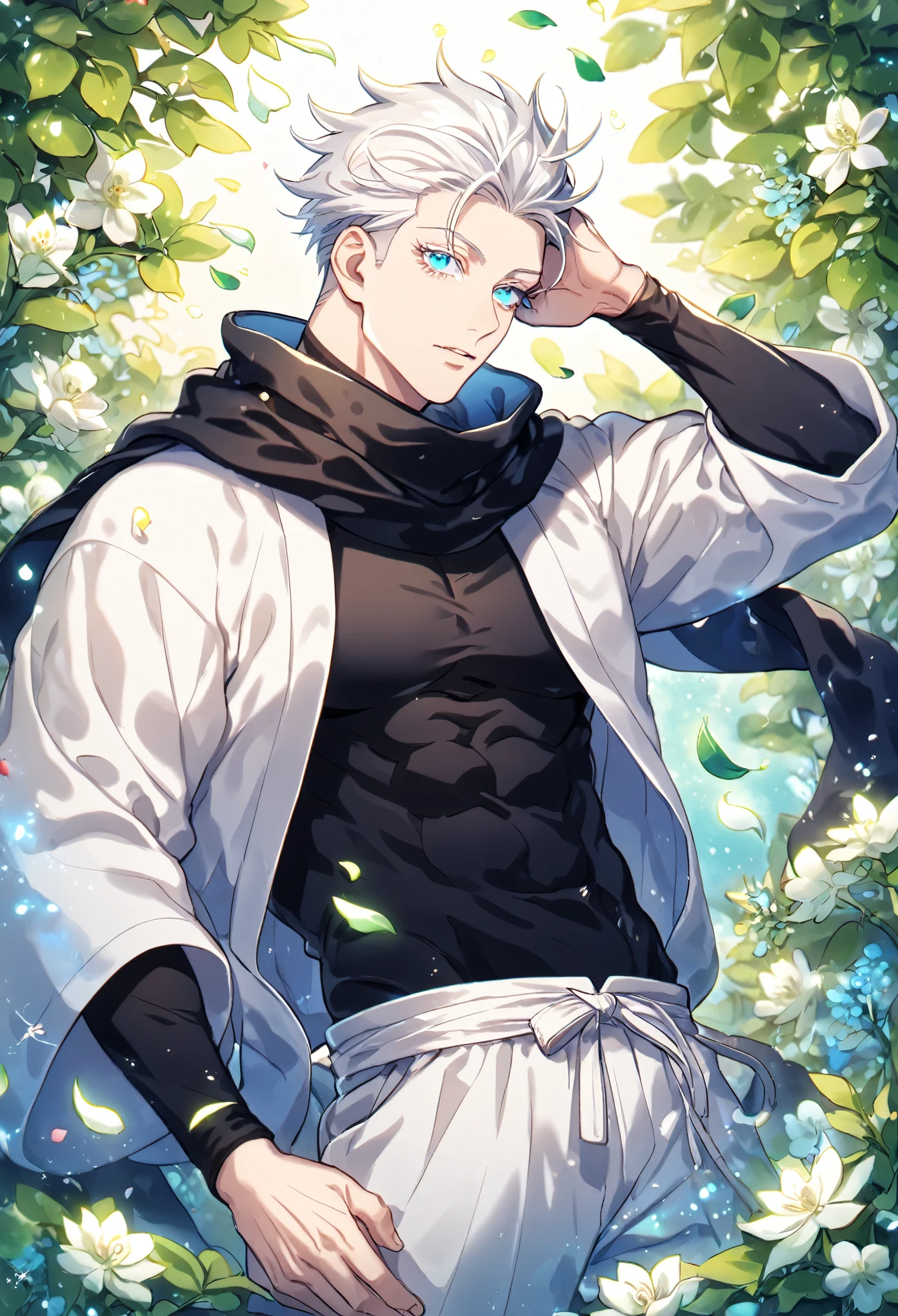 Ultra detailed, HDR, Highres, absurdres, master piece, Gojou Satoru, white hair with bangs, slicked back hair, white eyelashes, expressive blue eyes, black scarf, black tight shirt, white haori, white baggy pants, Jujutsu Kaisen, sexy man, handsome, flowers, petals, fantasy, magical, green leaves, summer, handsome, sensual, best quality, glittering, solo, manly man, water,