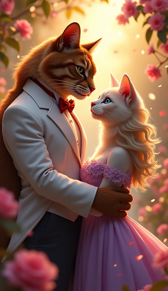 Scene 1: The Majestic MeetingDescription: The Big Romantic Cat, a large, sleek male with rich brown fur, is elegantly dressed in a white tuxedo with a crimson bow tie. He stands tall and confident in a vibrant flower garden at sunset. His green eyes lock with the Elegant Female Cat, who has soft cream-colored fur and striking blue eyes. She’s dressed in a flowing lavender gown, her delicate figure adding contrast to his size. The warm, glowing light of the sunset bathes them as they share a magical moment, surrounded by swirling flower petals.