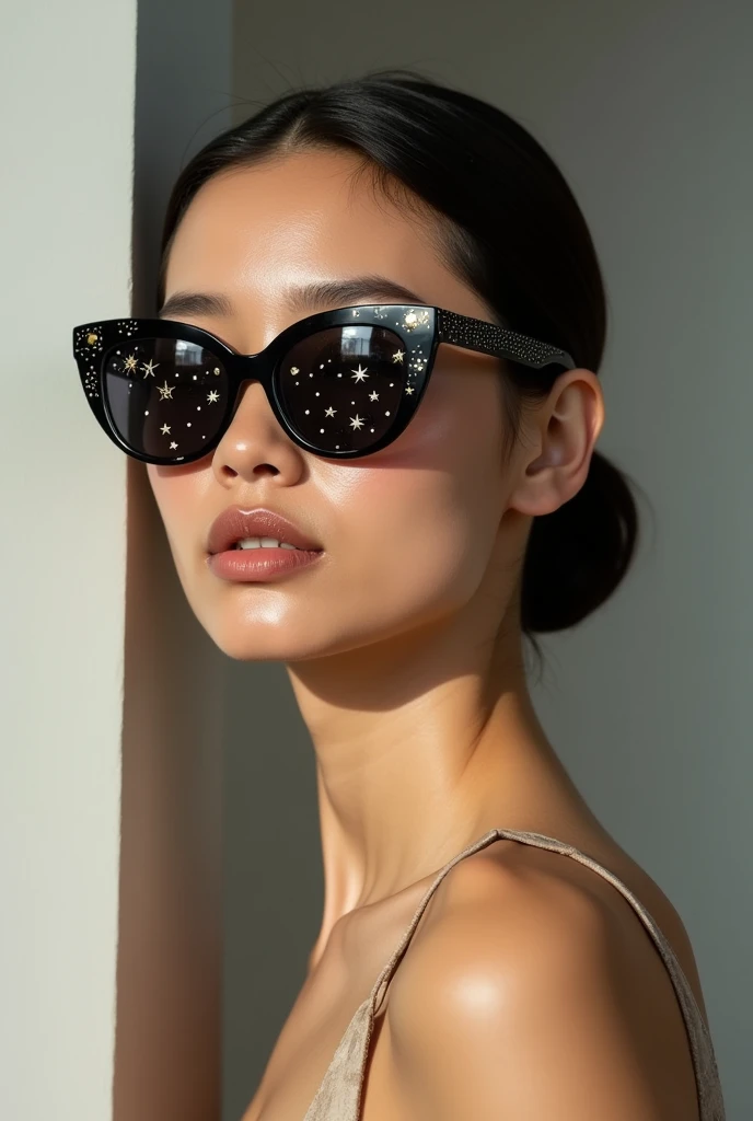 The model is wearing glass sunglasses with stars and the moon on the glass