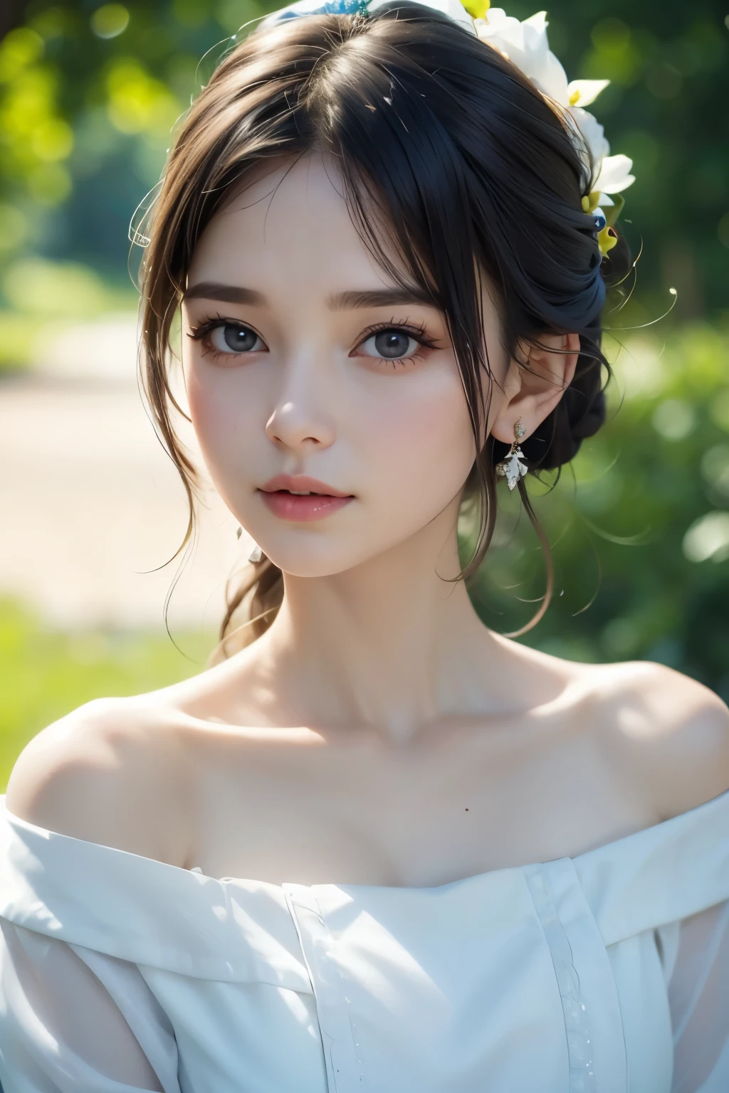 Close-up portrait of a girl wearing only a white off-shoulder top dress and earrings, soft portrait shot 8 k, Nice delicate face, High-quality 4K portraits, high quality portrait, Soft and perfect white skin, 8K high definition face, なbeautiful繊細な顔, beautiful光の大きな目, beautiful and realistic face, beautiful１８1 year old girl, beautiful and realistic face, cute type１８1 year old girl