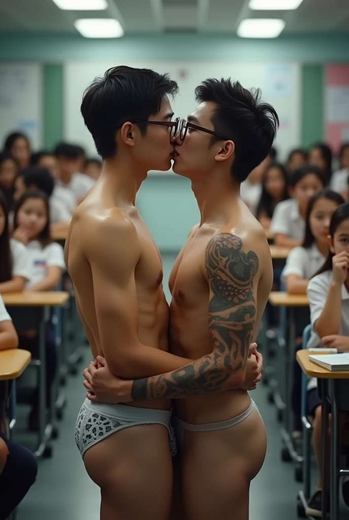 2 Chinese handsome naked chinese boy hug and kiss at each other between many students and teachers,transparent panties,wearing glasses ,super realistic, romantic, chinese Men God,chinese school teacher and students, , Chinese handsome, Handsome model , Topless, strong Muscles Athlete body, top up Frame, Sexy, Professional Lighting,hug and kiss , classroom Background, , naked male , God of handsome, naked Male, , Seduce, Sex Appeals, Alafard man naked , sexy body ,, muscular body, handsome, manly, inspirite by Zhang Han, Cai Xukun, Kim Do-young, Inspired by Bian Shoumin, Inspired by Xiao Yuncong, yihao ren, yanjun cheng, jinyiwei, inspired by Huang Gongwang, xintong chen, sexy body part, handsome male model , super long big dick masturbate, correct dick in good shape ,erection, monster cock, nice butts, bare butts, Tattoo chest, tattoo hands, tattoo arms, tattoo belly, clear cool light, school background, detailed background, the best resolution, 8k, Ultra fullHD, look at the viewer, catching eyes,