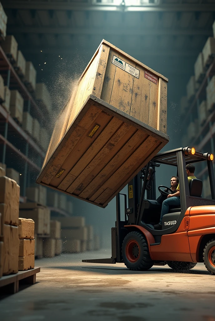 Create an image of a box falling onto a forklift