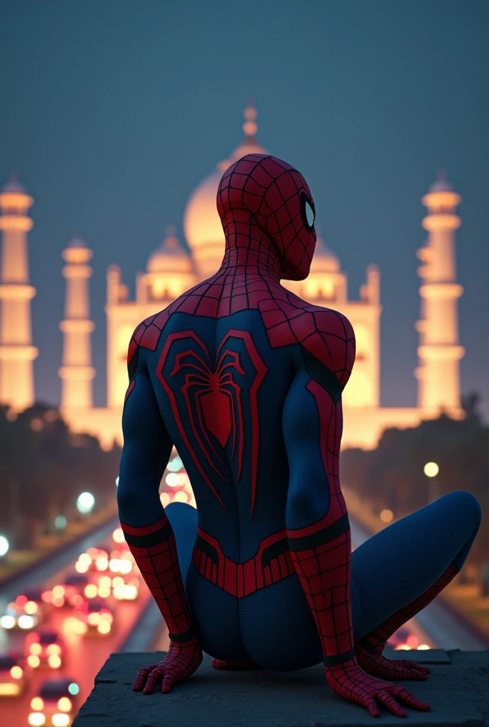 Indian Spider-Man seat on taj mahal top at night and watching the city