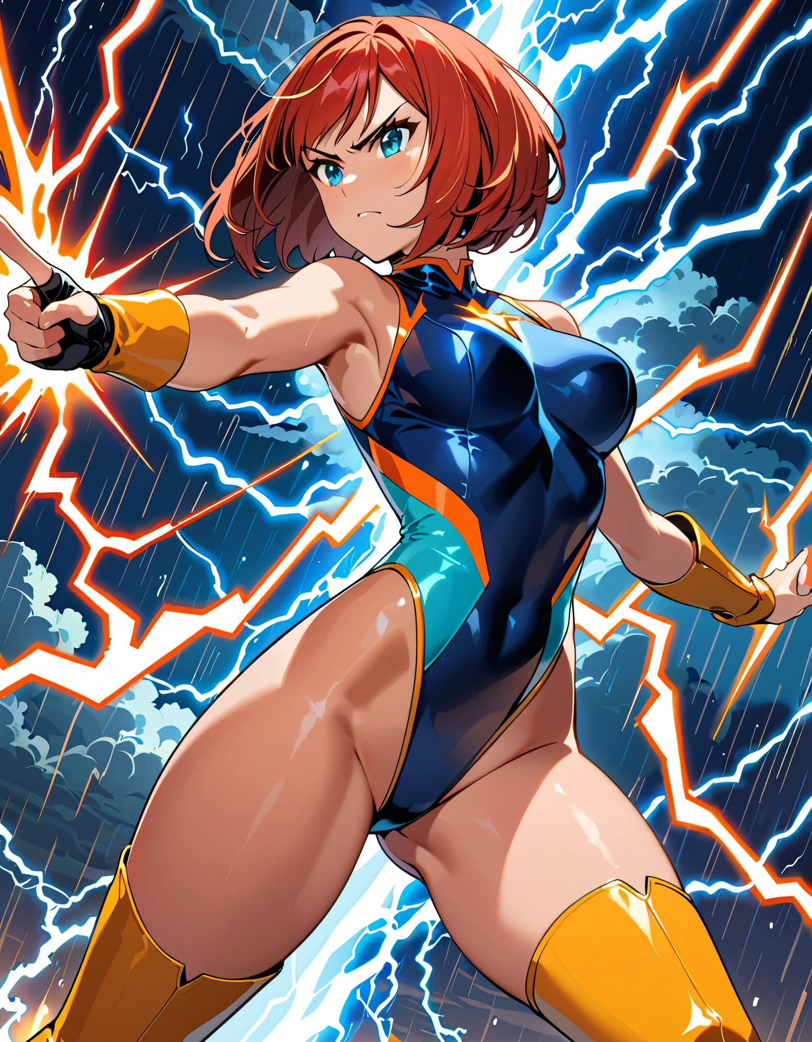 (masterpiece), (best quality), (high res), 1lady, tall body, finger proportions coordination, highly detailed, professional, beautiful detailed eyes, beautiful detailed face, perfect hands, complete fingers, perfect anatomy, perfect proportions, (red hair with orange accents, short hair, bob hair), (aqua eyes), (leotard, (dark blue leotard with white accents), matching leotard, sleeveless), (bare legs), (boots, matching boots, knee-high boots, yellow boots), breasts, medium breasts, full body with costume, looking away, angry, v-shaped eyebrows, solo, solo focus. cowboy shot, night sky backdrop, thunderstorm. dynamic action pose, floating, finger gun, firing a lightning beam from her fingers, superpower. intense atmosphere. body covered in an intense light blue aura.