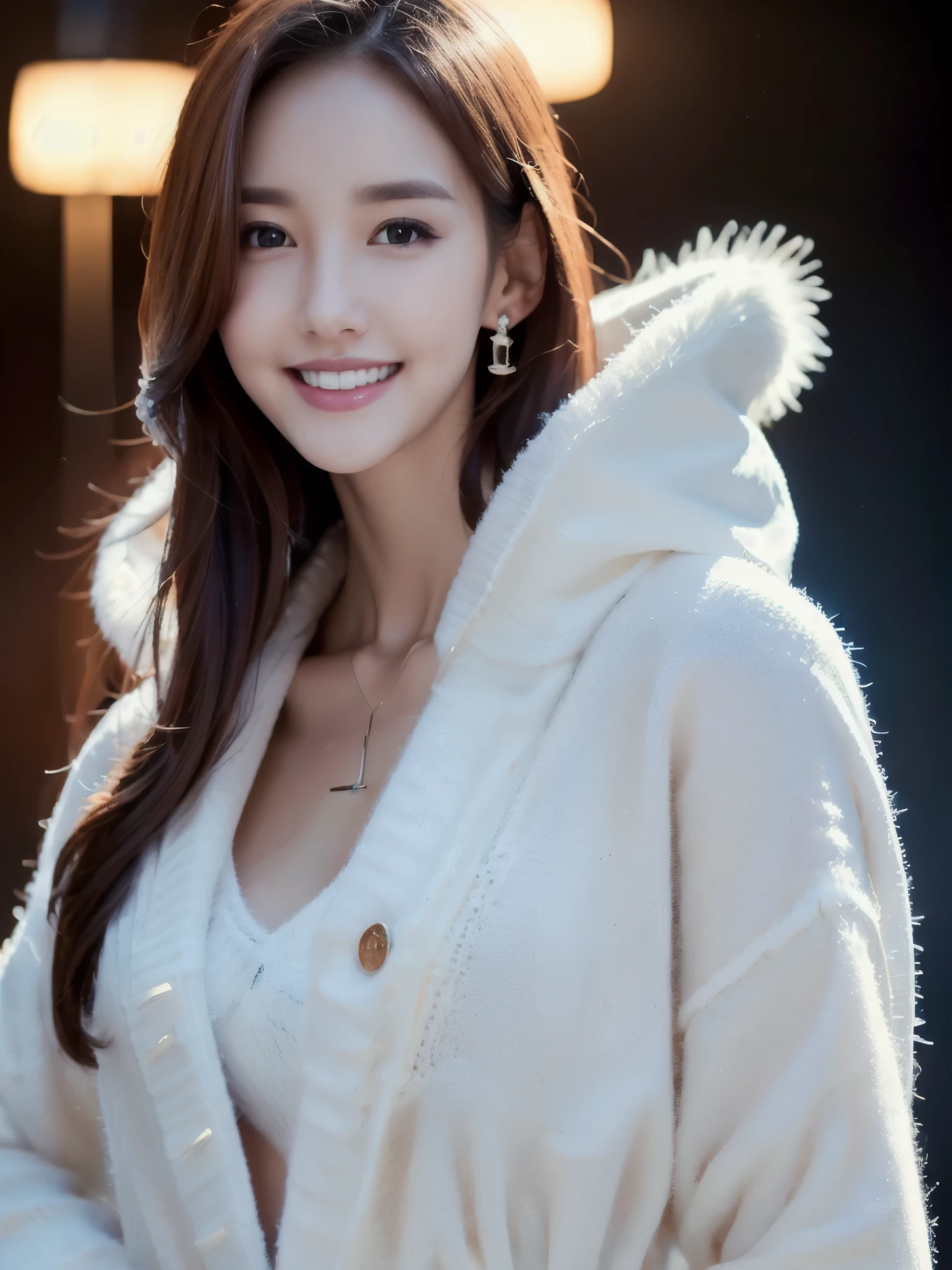 One Girl, (Wearing a white coat:1.2), (RAW Photos, Highest quality), (Realistic, Photorealistic:1.4), masterpiece, Very delicate and beautiful, Very detailed, 2k wallpaper, wonderful,((White sweater)) ,In detail, Very detailed CG Unity 8k 壁紙, Very detailed, High resolution, Soft Light, Beautiful detailed girl, Very detailed目と顔, Beautifully detailed nose, Beautiful attention to detail, Cinema Lighting, Winter night view, illumination, Perfect Anatomy, Slender body, smile,((winter)),