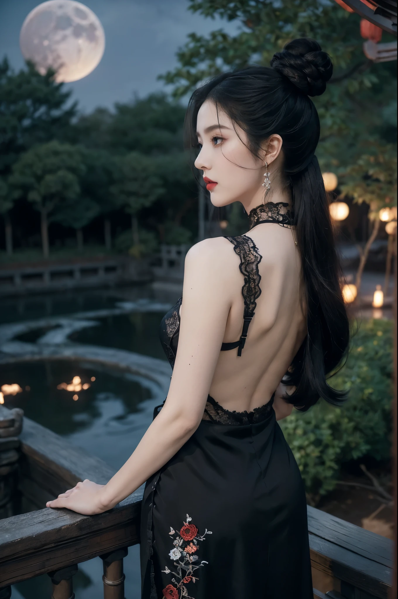 (((best quality))),(((ultra detailed))),(((masterpiece))),illustration,((1 beautiful girl,solo)),(bun hair:1.2),(Ghostly makeup:1.3),(fair skin:1.5),(red lips:1.2),((earrings,necklace)),((slim,thin)),((bare back,towering hips,butt crack)),(black floral embroidered lace bellyband:1.5),(thigh loop:1.3),(stockings:1.3),(standing:1.3),(A huge moon in the sky:1.3),(moonlit Chinese garden courtyard:1.3),(Ghost Festival:1.3),(Ghostly flames are drifting in the air:1.3),elegant and sophisticated,intricate patterns,curves,dark color,striking visual appeal,ethereal,enchanting,ghostly black blossoms,swaying branches,stone pathways,moss,eerie shadows,ancient pavilion,intricate wooden structure,mystery and intrigue,cicadas chirping,auditory symphony,embodiment of the festival's spirit,bathed in the moon's glow,delicate features,raven-black hair,waterfall of darkness,moon's luminance,captivating allure,sleek fabric,clung to frame,accentuating curves,highlighting beauty,striking appearance,ethereal beauty,hauntingly beautiful scene,captured essence,blend of beauty and mystery,(night scene:1.3),((from back,upper body))