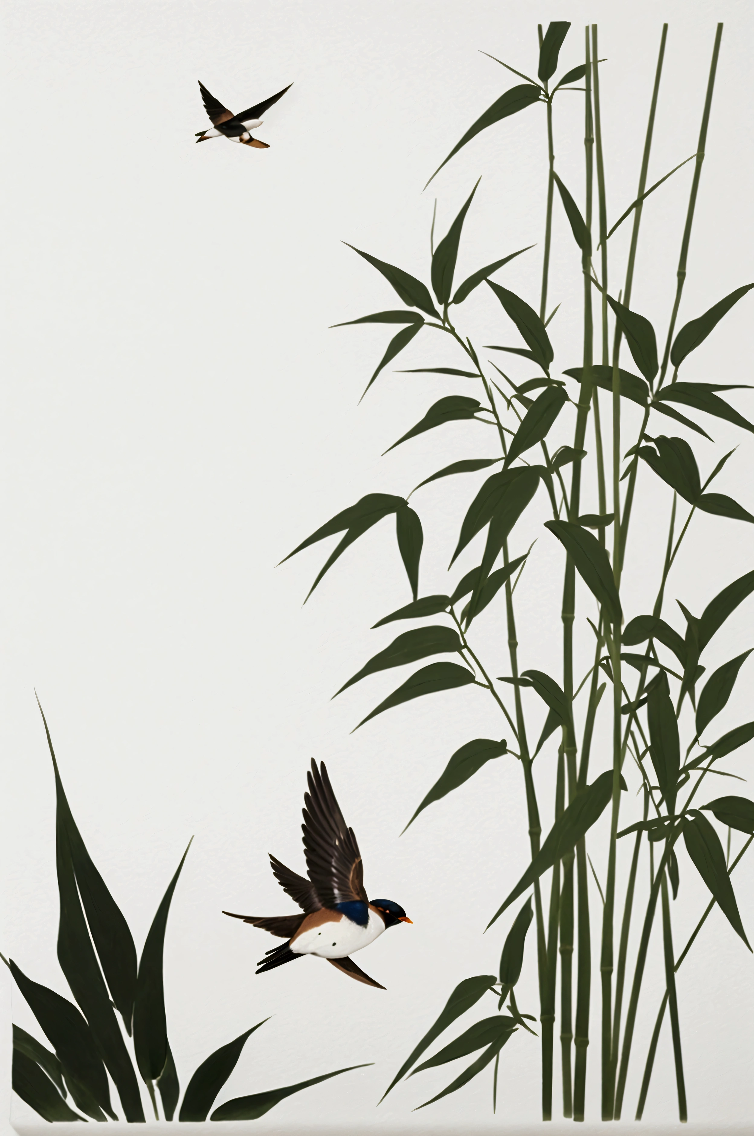 A golden sun, two swallows flying among bamboo leaves, Chinese style ink painting, minimalist composition with a minimalist color field, white background with the black text "aiding size" in the middle of the canvas, 50cm x 60 cm, in the style of a minimalist, simple and elegant, colorful, brush strokes, flat painting, high resolution, 3D rendering.