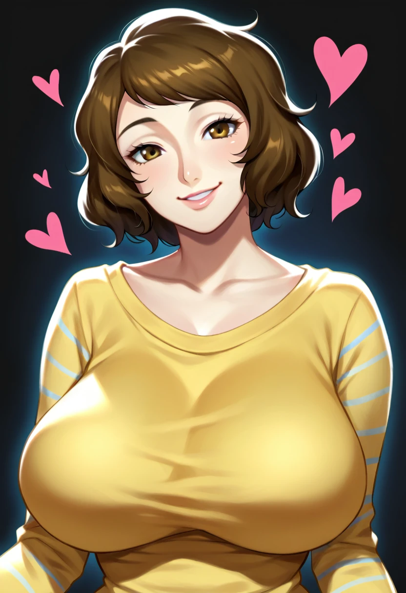 score_9, score_7_up, 1girl, solo, kawakami sadayo, mature female, portrait, light smile, depth of field, yellow sweater, mature female, large breasts, head tilt, heart, black background