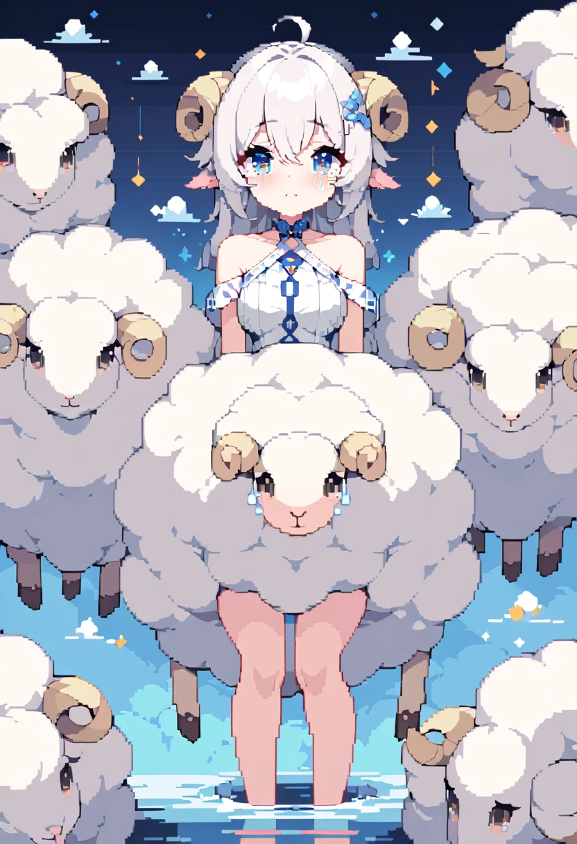 masterpiece, Highest quality, 8k, Beautiful pixel art, Vivid, Sheep, young woman, crying with eyes open, ((@ @:1.3)), I&#39;m worried, Open your mouth, (Fluffy pink hair, Long Hair, Hair like sheep's hair), Thick eyebrows, one piece, Pink clothes, Long skirt, cardigan, 水色のcardigan, shoes, 茶色いshoes