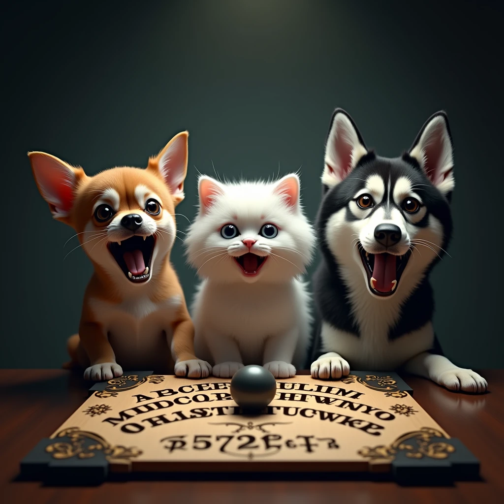 A photorealistic image featuring three animals—a Chihuahua, a fluffy white cat, and a Husky—gathered around a wooden Ouija board. The Chihuahua, positioned on the left, has bulging eyes and an open mouth, giving the impression of a shocked and exaggeratedly scared expression. Its ears are perked up high, emphasizing its alarmed state. The fluffy white cat in the middle mirrors the Chihuahua’s expression, with its round, wide-open eyes and mouth agape, showcasing an exaggerated, almost cartoonish sense of surprise. The Husky on the right completes the trio, with its intense, wide-eyed stare and mouth open in a shocked howl, capturing a comically over-the-top reaction. The Ouija board beneath them is prominently displayed, with the planchette in a central position, adding to the eerie atmosphere. The background is dark, with soft ambient lighting focusing on the animals and the board, creating a dramatic and mysterious scene. The camera angle is a close-up, emphasizing the exaggerated facial expressions and creating a sense of intimacy with the viewer.
