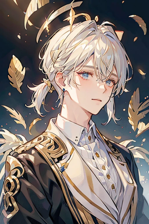 1 Adult male,Platinum blonde hair,Long earrings,Gold Halo Headdress,Gods,feather(8k,Exquisite CG)