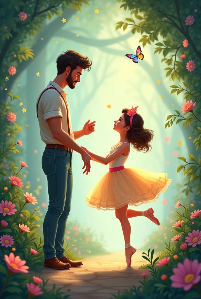 Disney style image of father&#39;s day dad with his ballerina daughter with charming background 