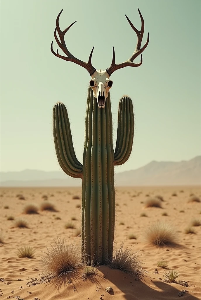 Desert with cactus with a deer skull in the center 