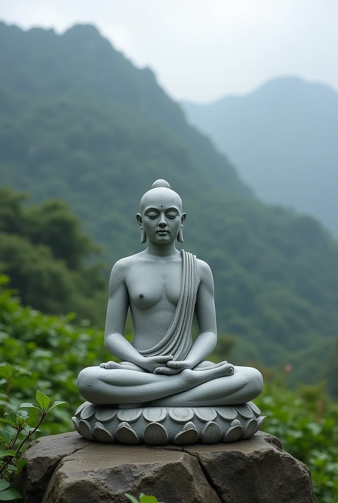 Mahavira statue with no drape grey stone in the middle of the chest meditating on a mountain with greenery
