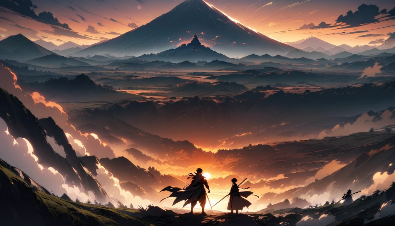 A scene of Goemon Ishikawa standing with the sunset sky behind him。He is portrayed as heroic、Mountain behind々And the land spreads out。Spectacular scenes with silhouettes