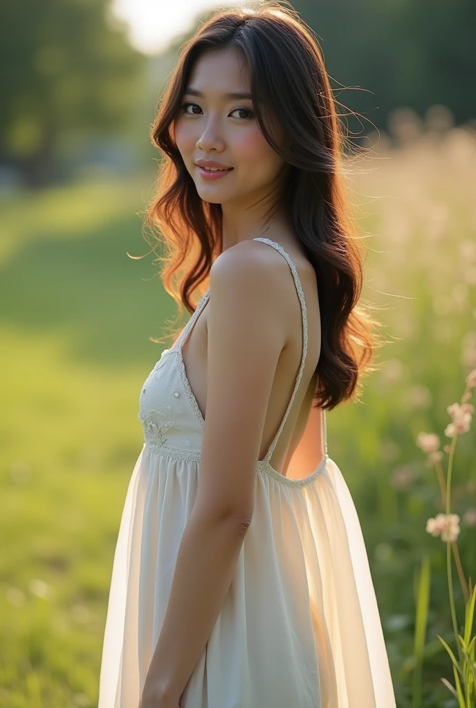 (Best quality, 8k, 32k, Masterpiece, UHD:1.2), NSFW, Big naked size 5 of a Japanese girl, Maxi Dress, no bra, outdoor, high noon, front lit, well-lit face, high speed sync lighting, one light set up