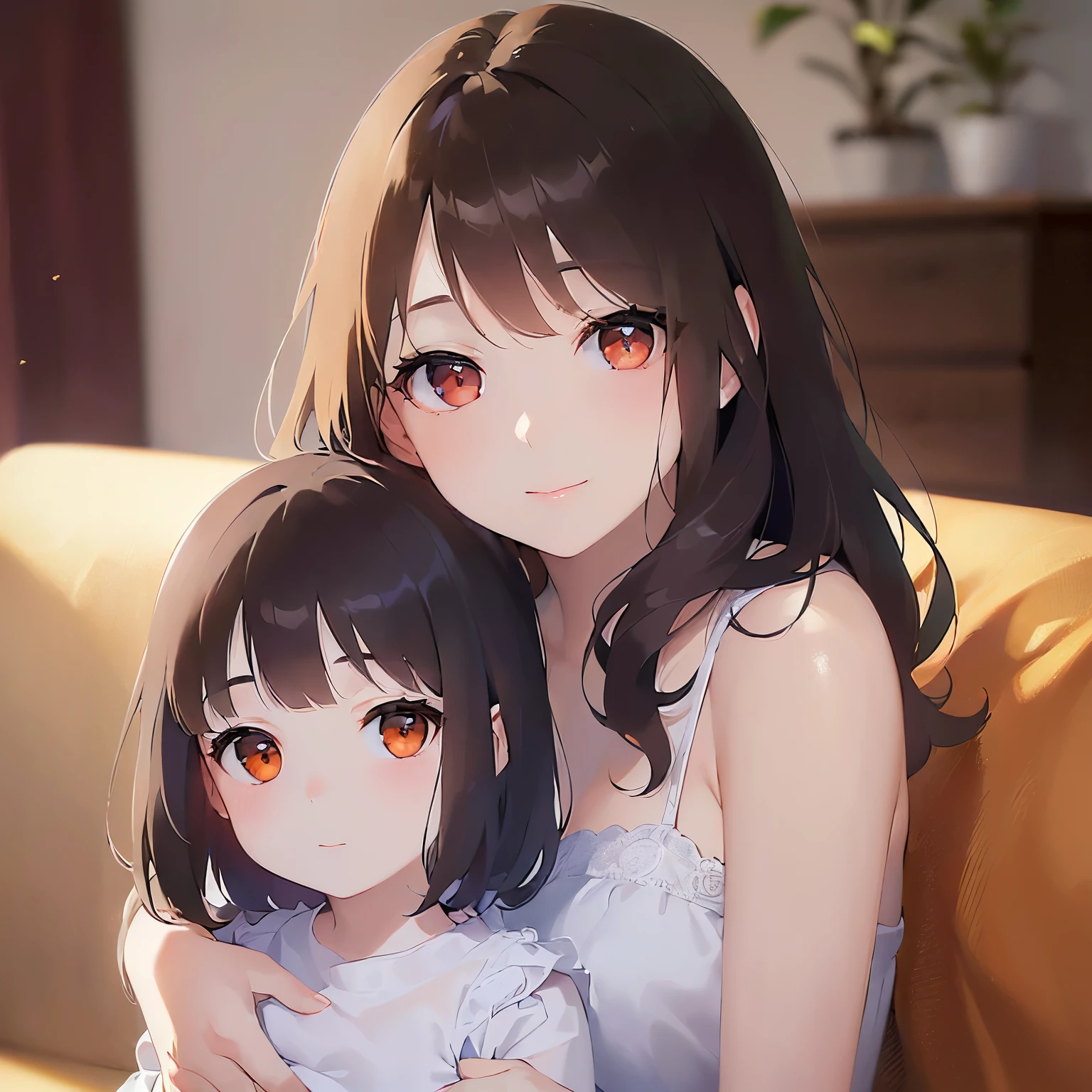 (looking at viewer:1.5)Upper Body, head tilt,Holding a child,
Realistic, real person, (pale skin: 1.2), RAW photo, photorealistic, shiny skin, shiny hair、
(A 25-year-old woman with medium-length hair and bangs) and (wavy hair) and (brown hair) and (orange eyes),
White dress,Are standing、
smile,blush,The background is the living room