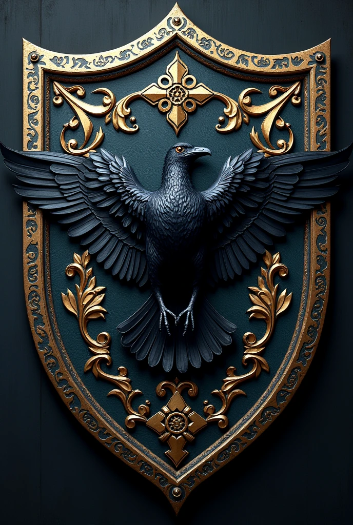 Create a family shield related to medicine, Medieval appearance with Gothic style, His representative animal is a raven and his last name is von ravenwood d'valerian