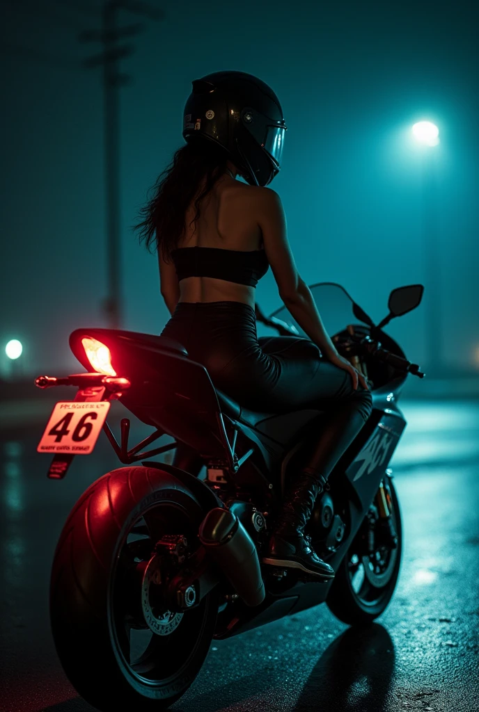 Seule dans la nuit prospérité sexy avec des forme enorme qui porte un casque avec la visière fermé et un pantalon de moto sur une moto sportive noir qui porte le numéro 46 blanc, la femme ne porte pas de haut (t-shirt) (Yamaha yzf-r1) (image 8k ou plus) la moto n'a pas de plaque d'immatriculation. 