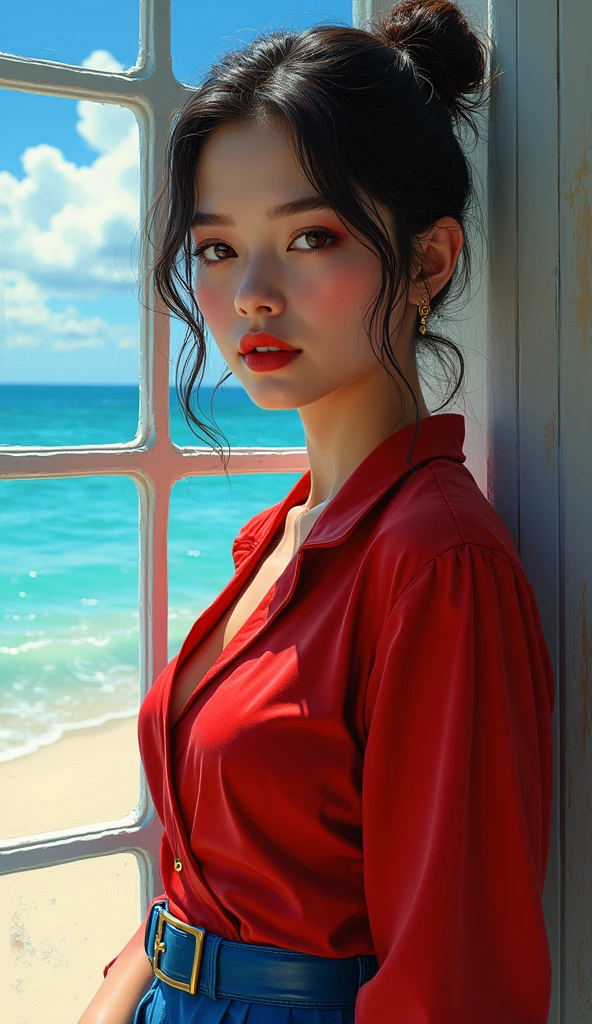 (Highest quality, 4K, 8k, High resolution, masterpiece: 1.2), (Very detailed, Realistic, Realistic:1.37)Seductive girl, Dressed in striking red and blue outfits, Standing in front of the window exuding an air of strength and determination. Her captivating eyes are exquisitely painted, Capture every sparkle and depth, Her lips are captivating and beautiful.. The attention to detail extends to the entire face., Each contour and feature is perfectly and meticulously rendered., Create a sense of hyper-realism that draws your audience in. 

Girls&#39; Clothing, Reminiscent of oil painting, It is a work of art in itself. material, Vivid brushstrokes skillfully expressed, Gives her overall look a dynamic feel. It is truly a reflection of the artist&#39;s talent., Show off your skilled techniques, (Browsing Caution:1.5), Bun hairstyle, Beautiful nipples, One beautiful woman, Realistic, Super detailed, High resolution, 8k wallpaper, Light brown hair, South Sea Beach, Sexy and bold swimsuit, Cute big ass, Sharp focus, Perfect dynamic composition, Beautiful, realistic and detailed eyes, Detailed hair, Fine and realistic skin texture, smile, Close-up portrait, Model body type, (Representative works: 1.3), (8k, Realistic, RAW Photos, Best image quality: 1.4), (30 year old mature woman),Small face, Beautiful Face, (Realistic Face),No makeup、Natural Makeup、light makeup、 (Dark brown, short hair: 1.3), Beautiful hairstyle, Realistic eyes, Beautiful attention to detail, (Realistic skin), Beautiful Skin, (sweater),、Bust B cup、 Confused, charm, 超High resolution, Ultra-realistic, High resolution, Golden Ratio, ff tifa、,Sunny day beach background,