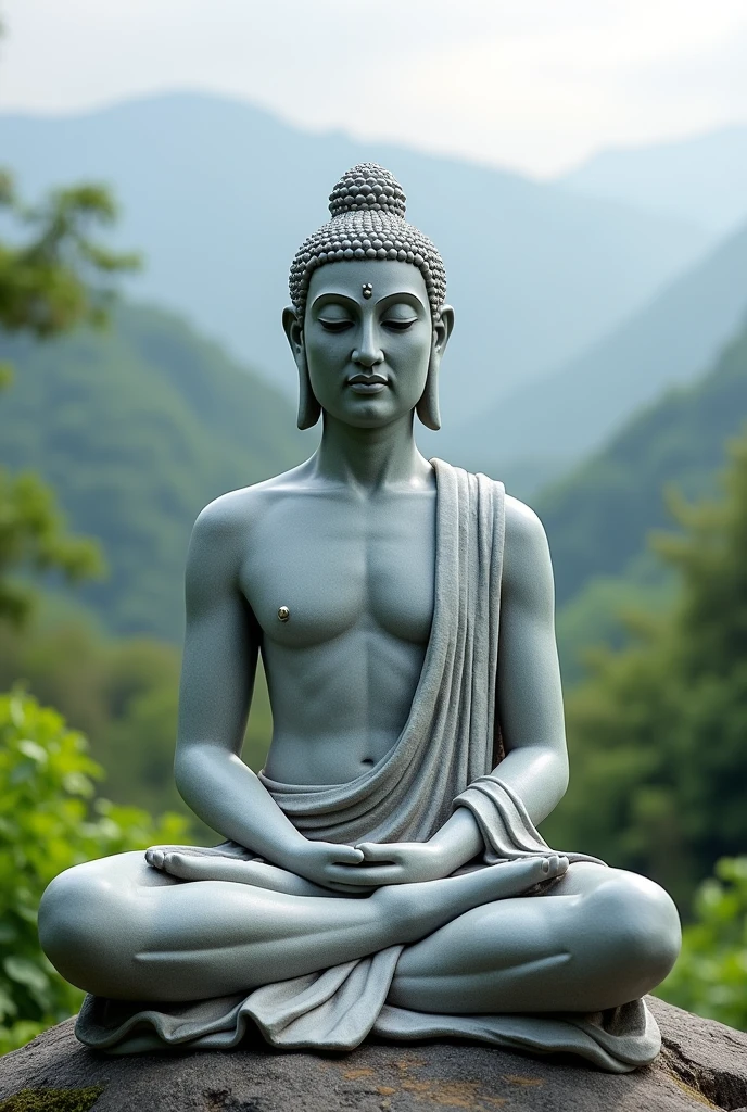 Mahavira grey statue with no drape in the middle of the chest meditating on a mountain with greenery