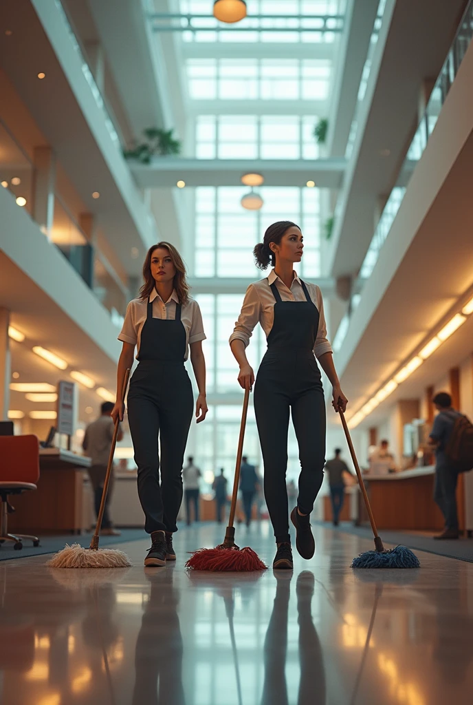2 janitors women clean a building